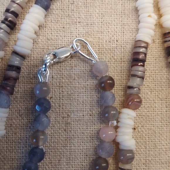 .999 Guardian Angel with tiny enamel cross on puka/ heishi and stone necklace - Picture 7 of 8